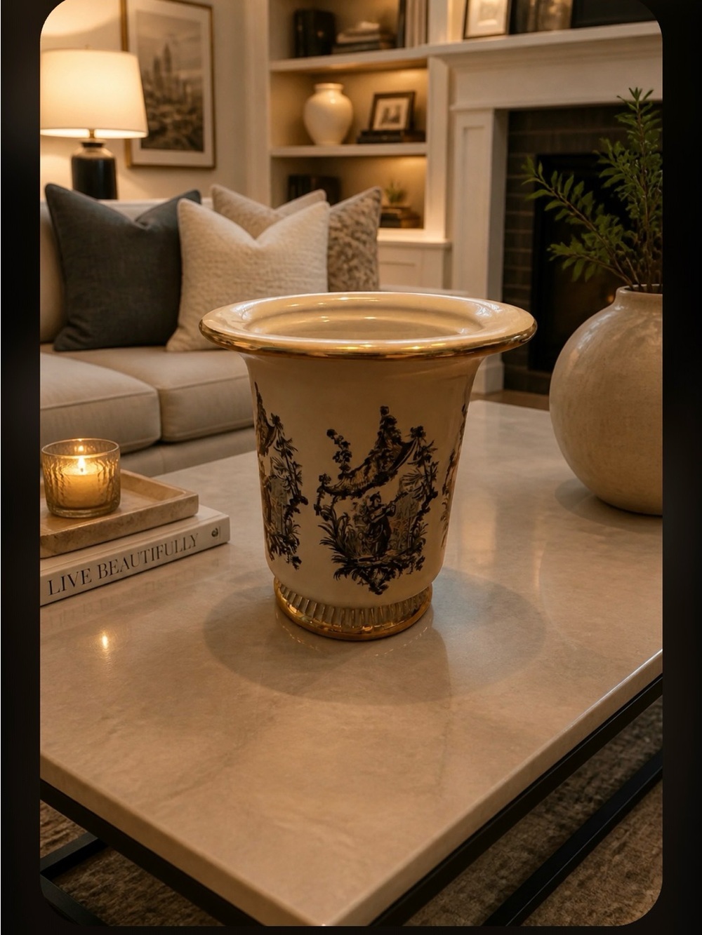 Lively White Ceramic Cache Pot with Gold Details